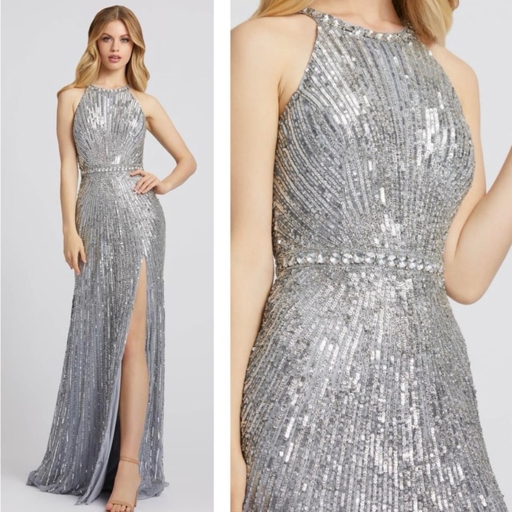 NWT Mac Duggal Halter Neck Sleeveless Front Slit Silver Sequined Long Gown